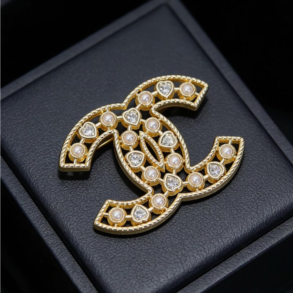 Gold Brooch with Pearls, Crystal Accents, and CC Letters - NEW